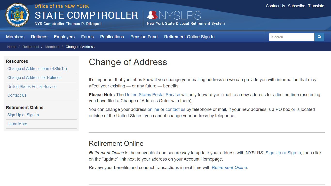 Change of Address | Office of the New York State Comptroller